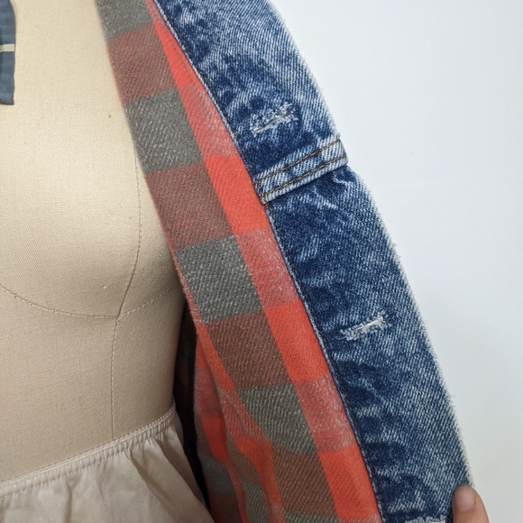 Vintage 80s 90s Levis 70417 0819 Acid Wash Denim Jean Barn Trucker Plaid Flannel - Picture 4 of 5